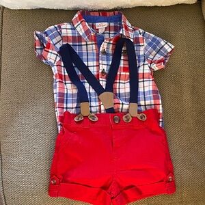 Cat & Jack Red Shorts with Navy Suspenders and Blue Plaid Shirt